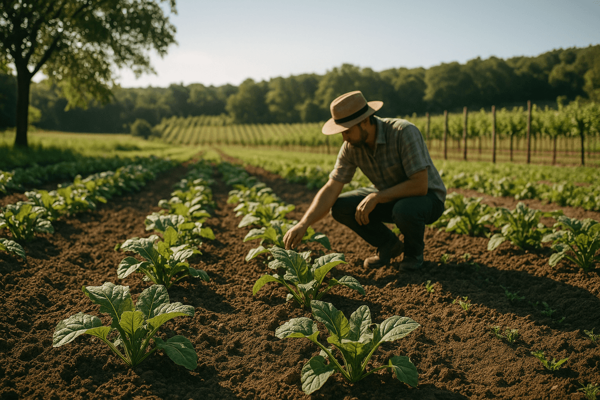 Uno degli agricoltori chino su un cesto d'insalata in mezzo ad un campo